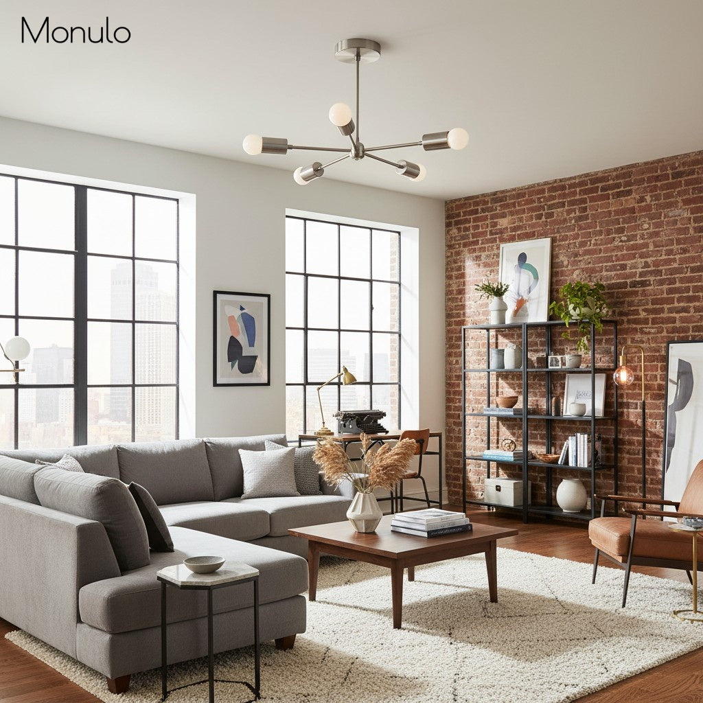 Mobilux Line Mid-Century Gold Sputnik Chandelier – Semi-Flush Geometric Brass Fixture