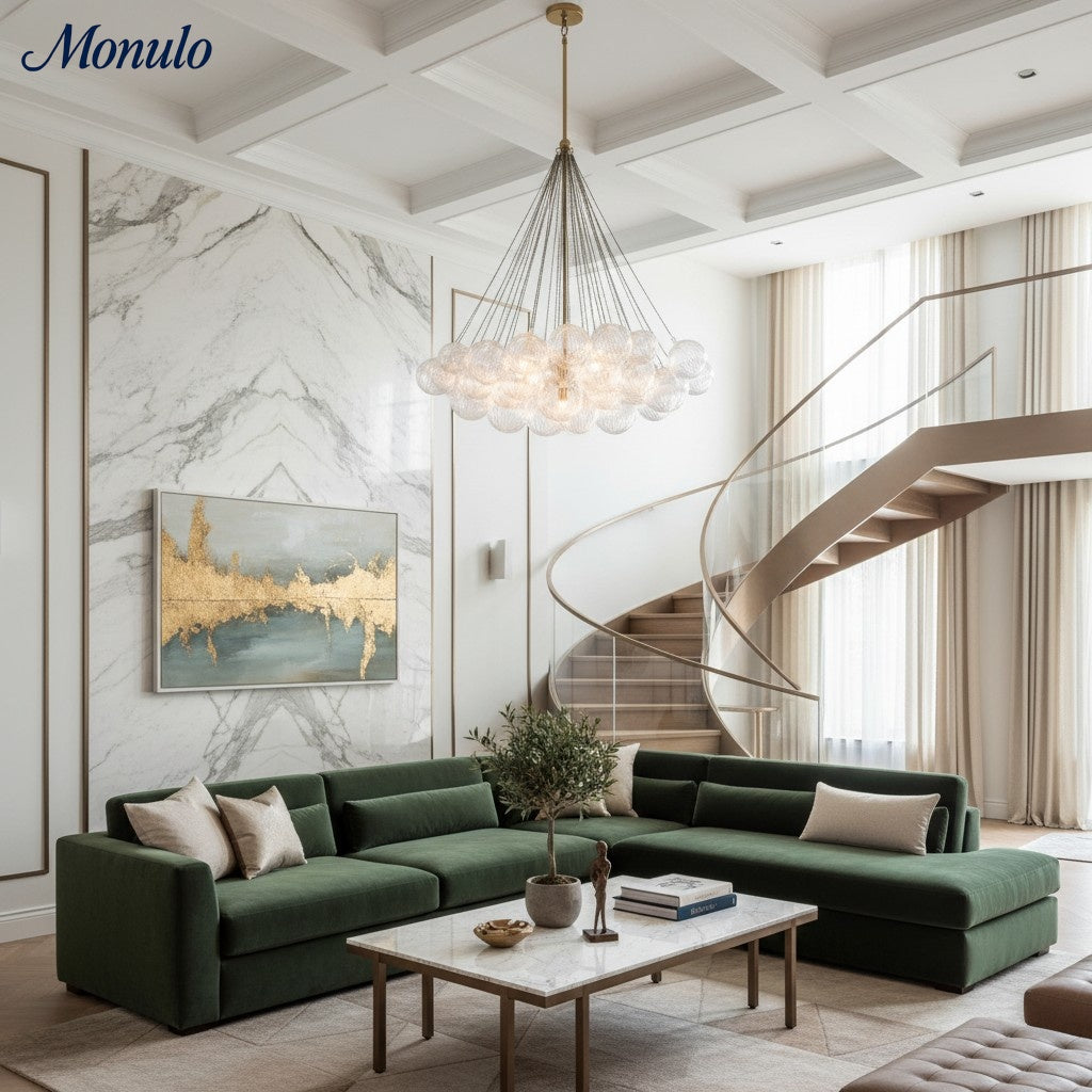 Bravira Strukturierter Klarer Glas Ovaler Kronleuchter – Zeitgenössische Deckenleuchte mit Messing-Finish für Diele & Kücheninsel