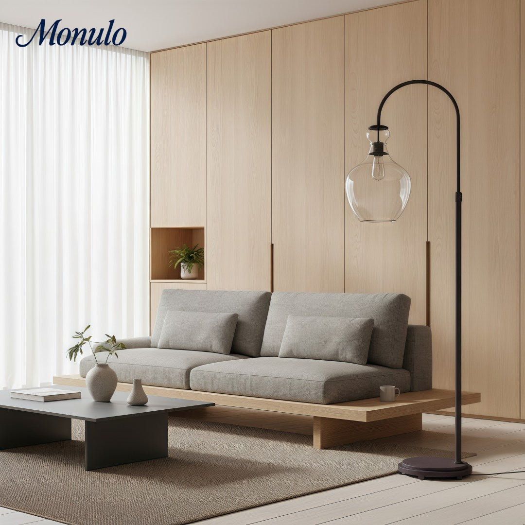 Lámpara de pie moderna Lawson de latón – Pantalla de vidrio reciclado para rincón de lectura o dormitorio