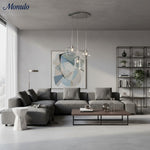 Bild in Gallery-Viewer laden, Merin Skulpturale Glas- &amp; Metall-Dreifach-Kronleuchter – Modernes Minimalistisches Esszimmer-Mittelstück
