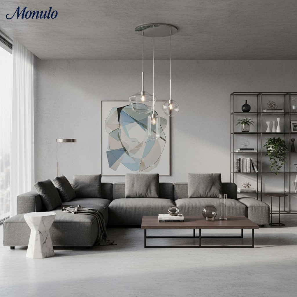 Merin Skulpturale Glas- & Metall-Dreifach-Kronleuchter – Modernes Minimalistisches Esszimmer-Mittelstück