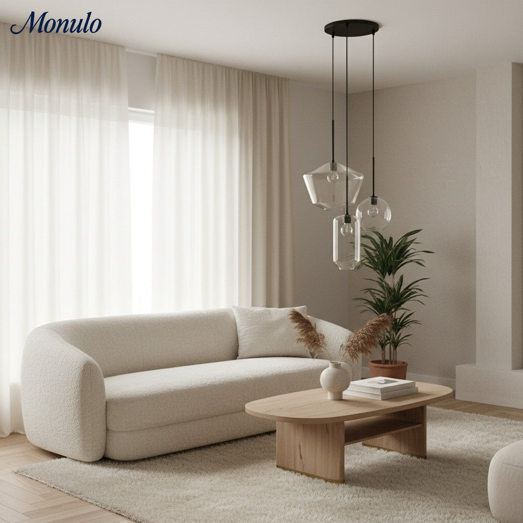 Merin Skulpturale Glas- & Metall-Dreifach-Kronleuchter – Modernes Minimalistisches Esszimmer-Mittelstück