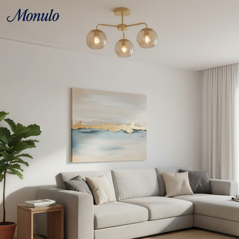 Rivolence 3 Licht Messing Aufputz Deckenleuchte – Strukturierte Glasschirme für Wohnzimmer & Essbereich