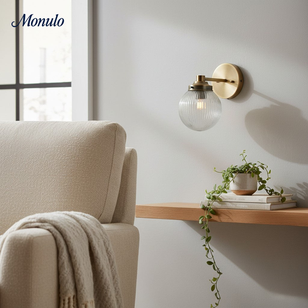 Applique murale arquée en verre côtelé et laiton Glorica Glass – Luminaire industriel vintage pour entrée