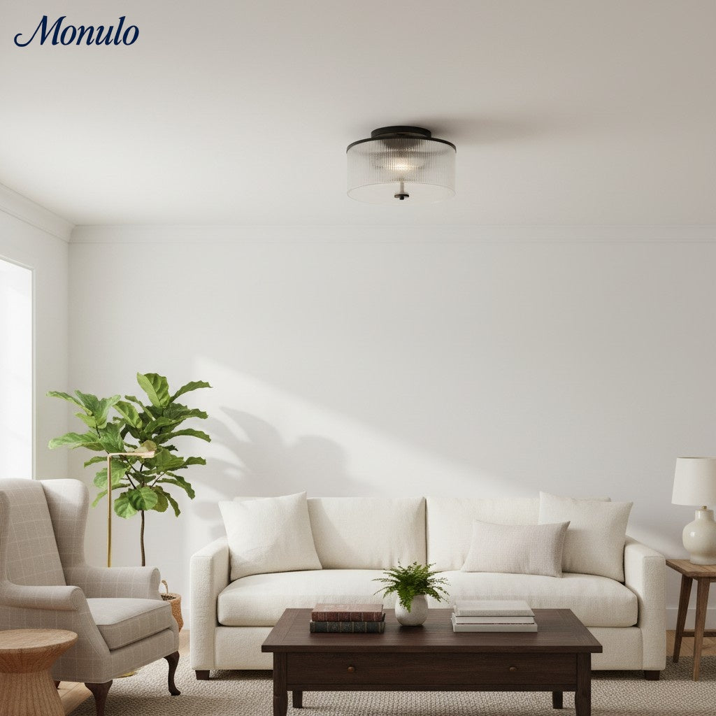 Rivora Vintage Ribbed-Glass Drum Flush Ceiling Light for Living Room