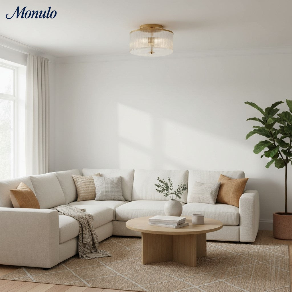 Rivora Vintage Ribbed-Glass Drum Flush Ceiling Light for Living Room