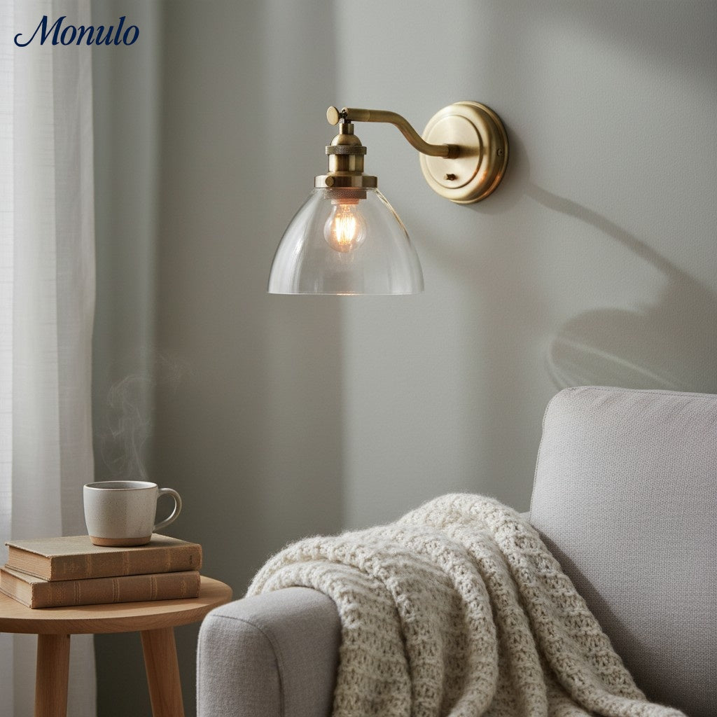 Driscoll Minimalist Clear Glass & Brass Wall Sconce – Adjustable Modern Wall Light for Bedroom or Hallway