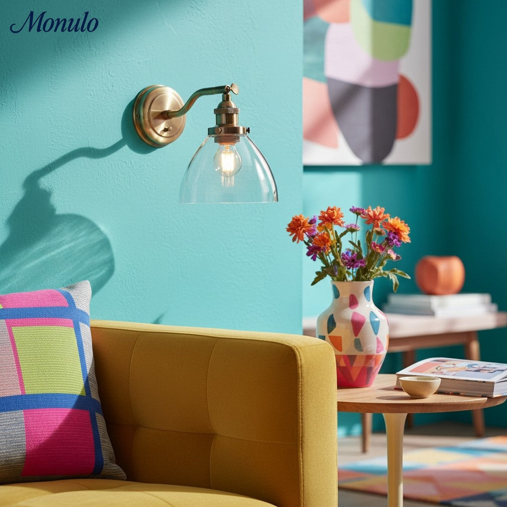 Driscoll Minimalist Clear Glass & Brass Wall Sconce – Adjustable Modern Wall Light for Bedroom or Hallway