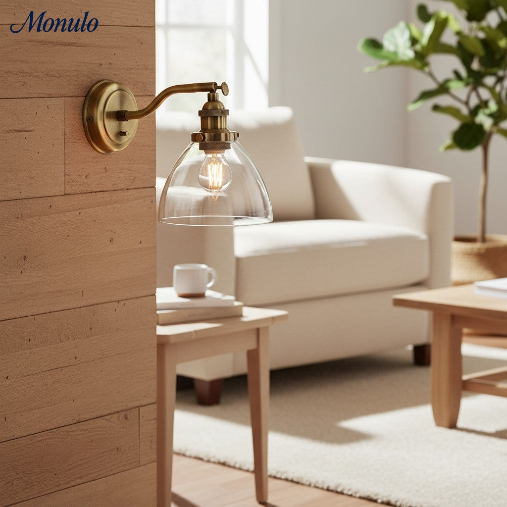 Driscoll Minimalist Clear Glass & Brass Wall Sconce – Adjustable Modern Wall Light for Bedroom or Hallway