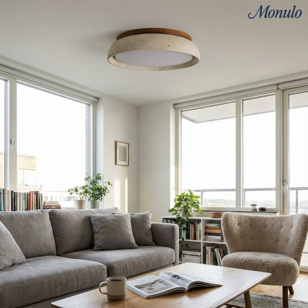 Travira Sculptural Travertine Ceiling Fixture - Soft Ambient Light for Bedroom Living Room or Entryway