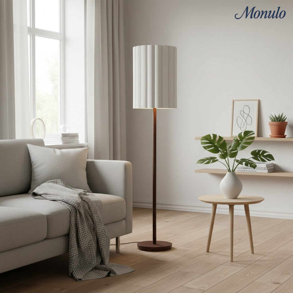 Lámpara de pie Linbron con pantalla de tela neutra y acabado en veta de madera – Lámpara de pie moderna minimalista para sala de estar y estudio