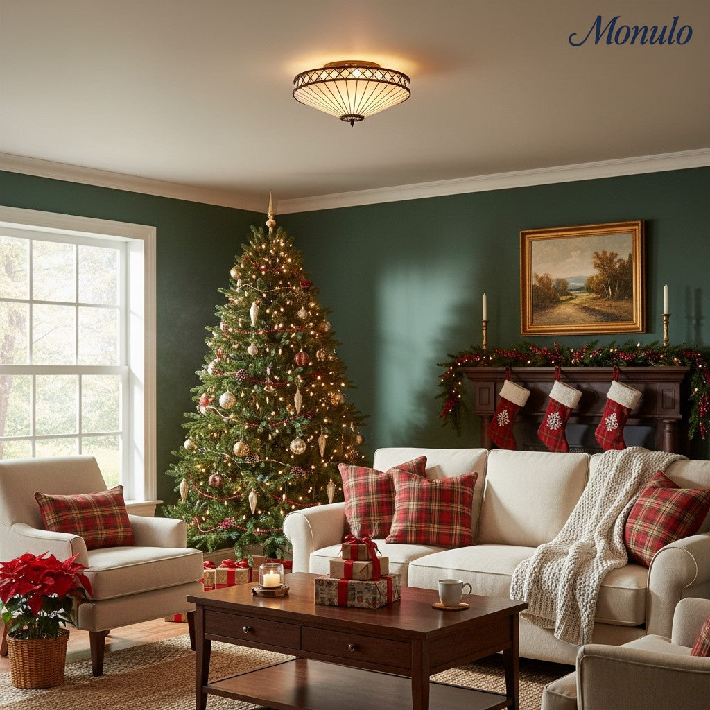 Tiffstar Elegant Art Glass Flush Ceiling Light with Vintage inspired Glass Diffuser – Classic Ceiling Fixture for Home Interiors