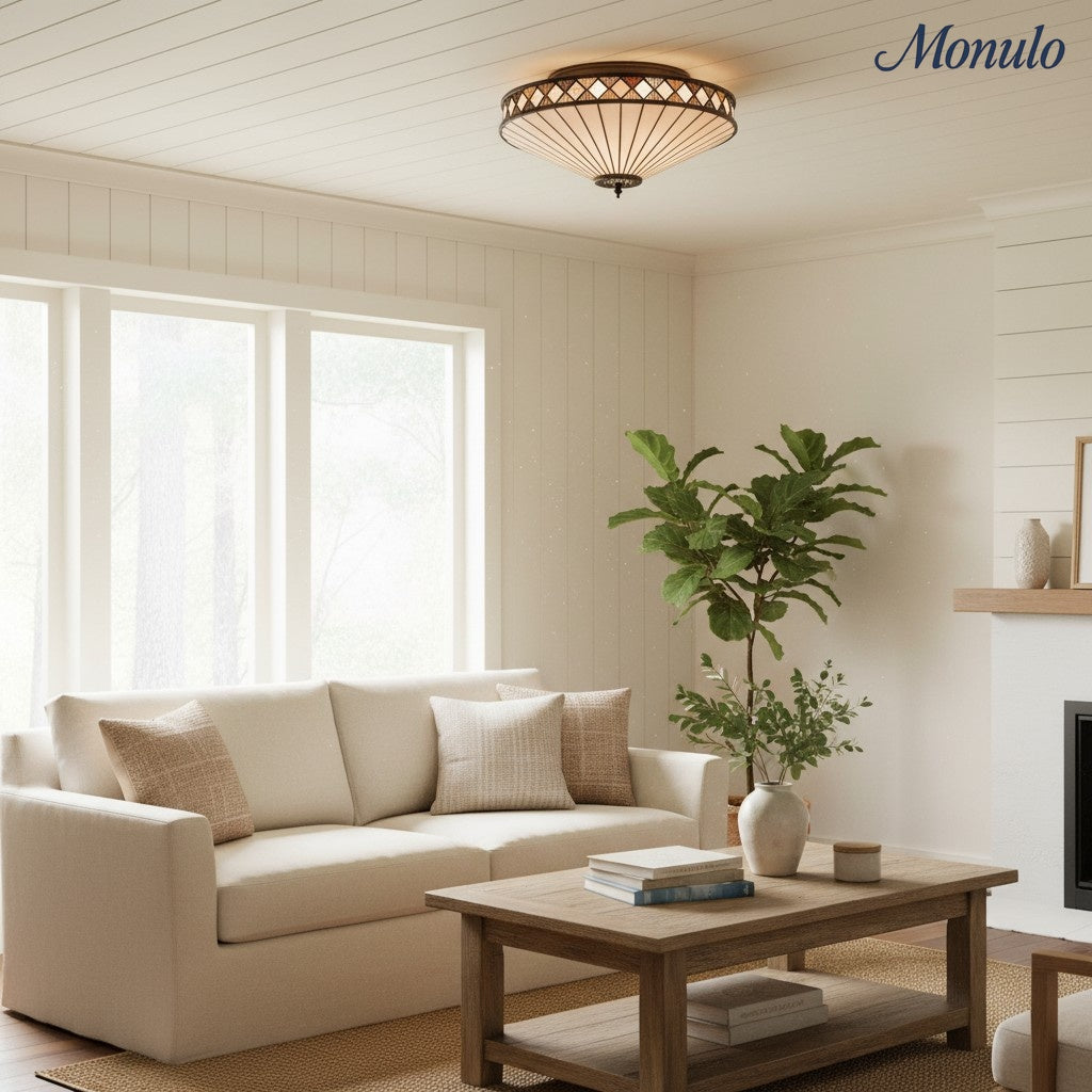 Tiffstar Elegant Art Glass Flush Ceiling Light with Vintage inspired Glass Diffuser – Classic Ceiling Fixture for Home Interiors