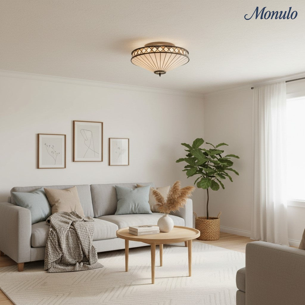 Tiffstar Elegant Art Glass Flush Ceiling Light with Vintage inspired Glass Diffuser – Classic Ceiling Fixture for Home Interiors