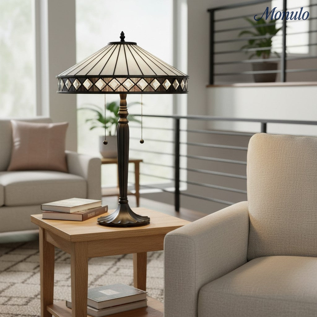 TF Geometric Stained Glass Table Lamp with Amber and Cream Panels – Tiffany Style Accent Lamp for Bedroom and Study