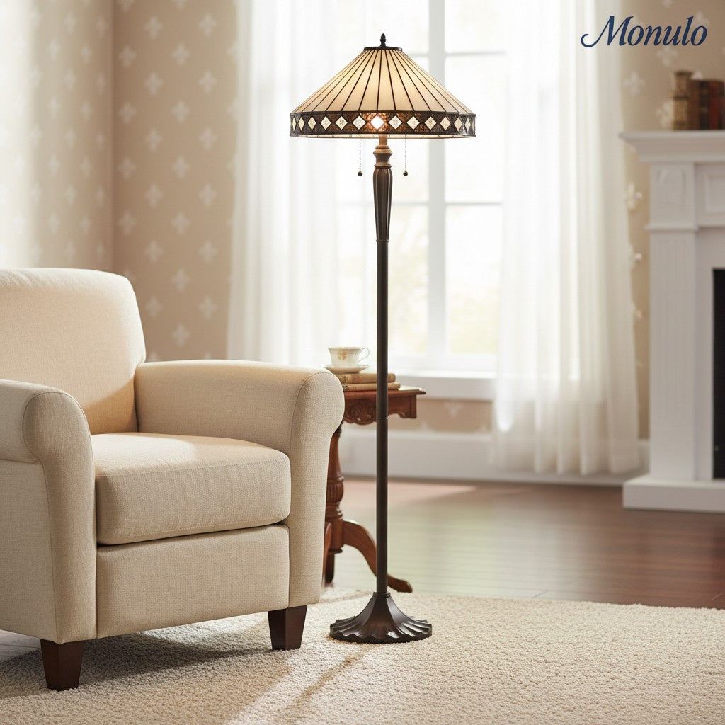 TF Geometric Stained Glass Table Lamp with Amber and Cream Panels – Tiffany Style Accent Lamp for Bedroom and Study