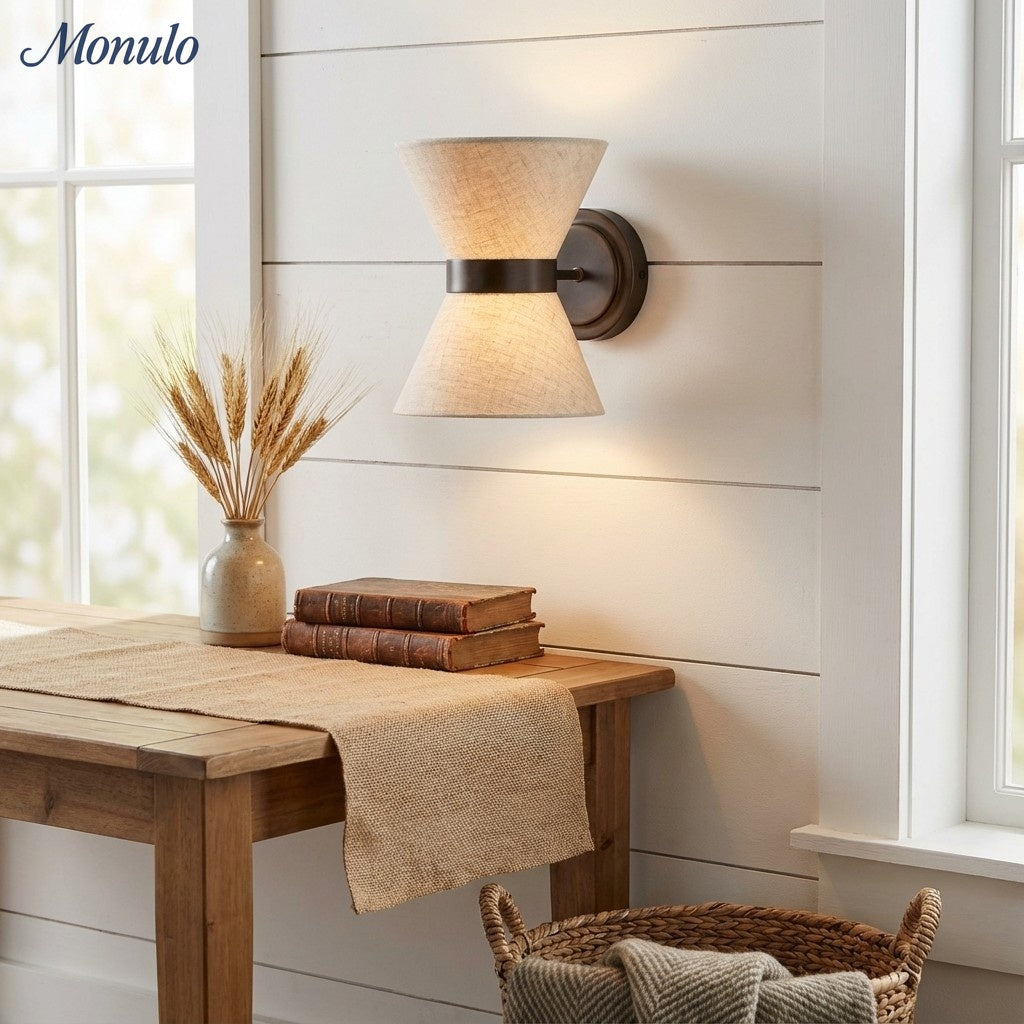 Ankora Bow-Tie Linen Shade Wall Light with Aged Brass Finish for Hallway and Bedroom