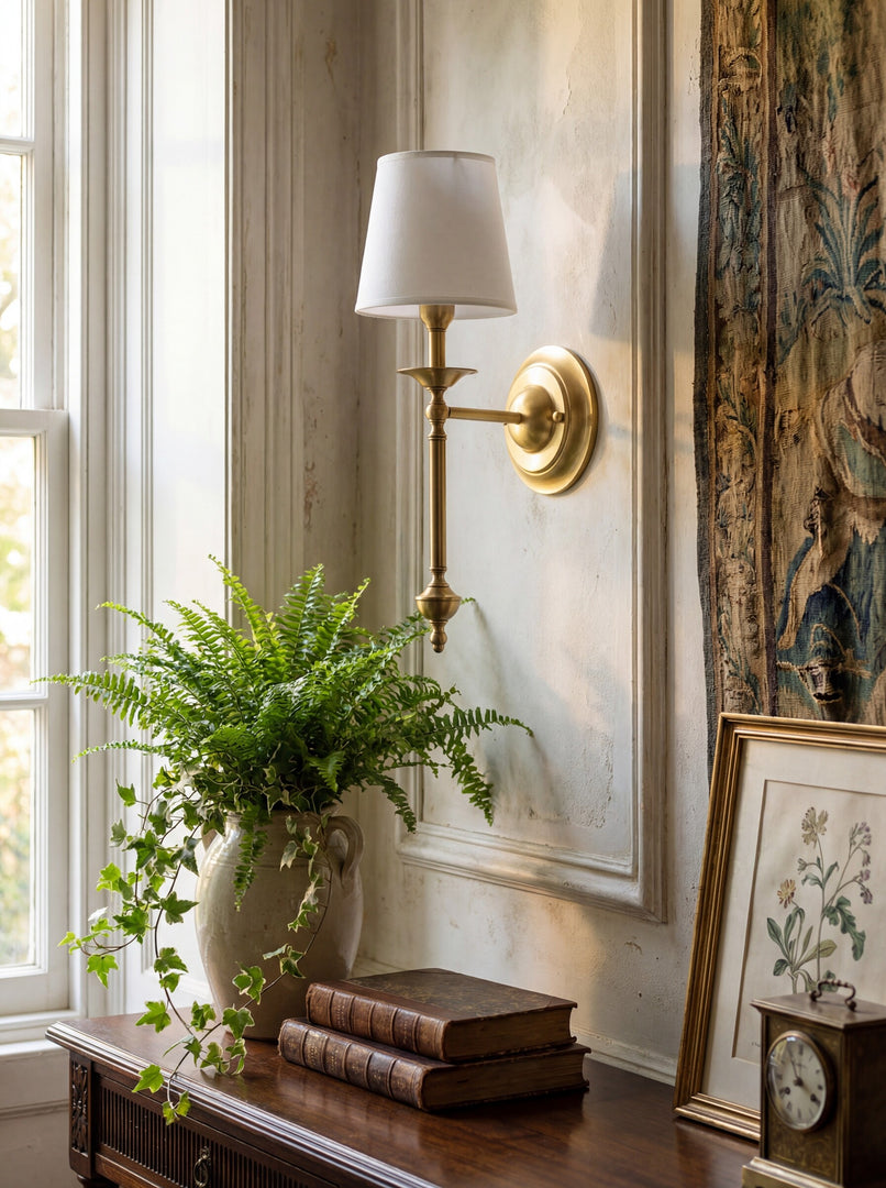 Aplique de pared con pantalla de tela Rowan en cobre antiguo: lámpara vintage de lujo para interiores 