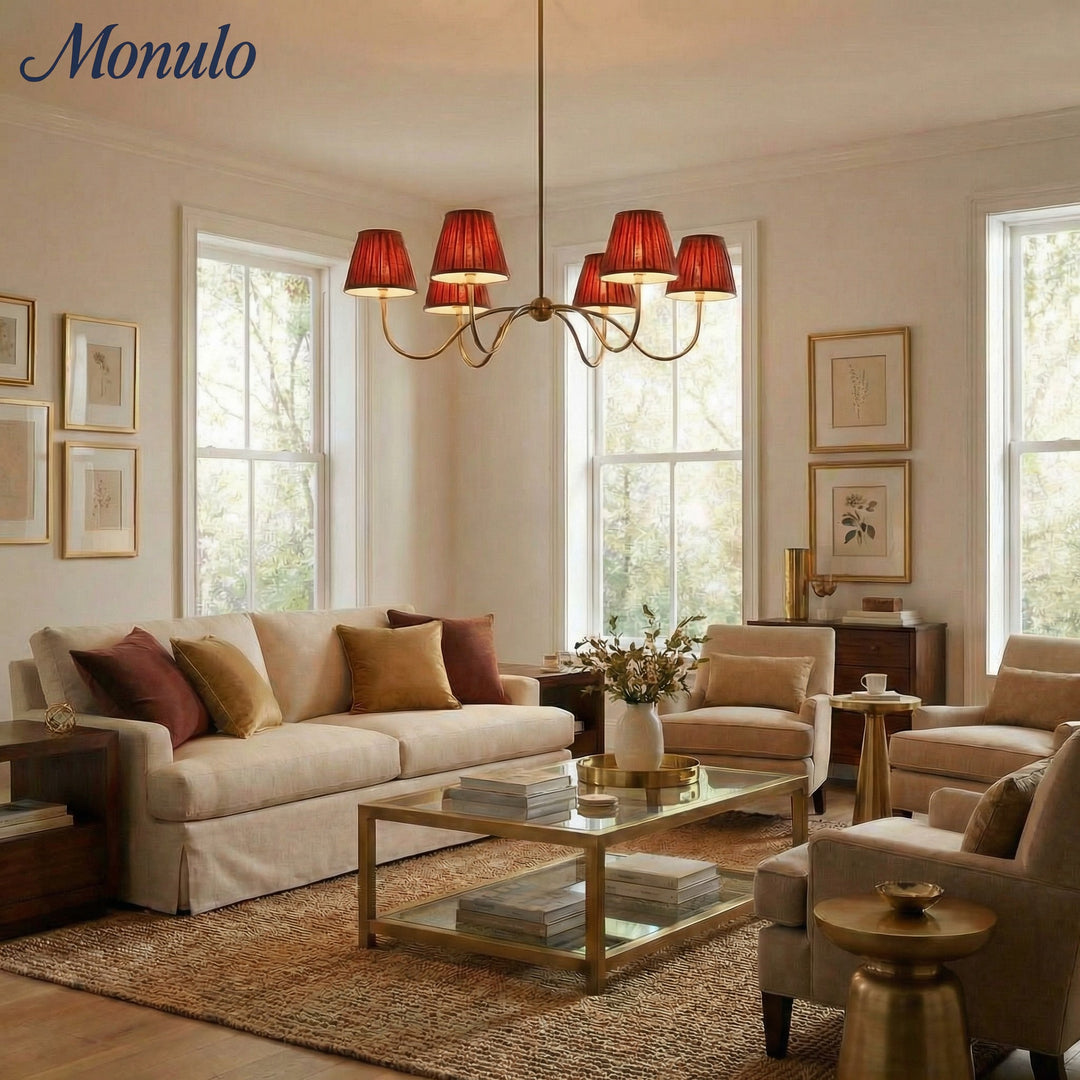 Lámpara de araña plisada Luvora de 6 luces: moderna elegancia de latón para comedores