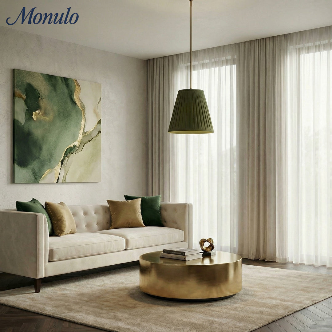 Lámpara colgante plisada de tela Luvora: elegante lámpara colgante de latón para comedor