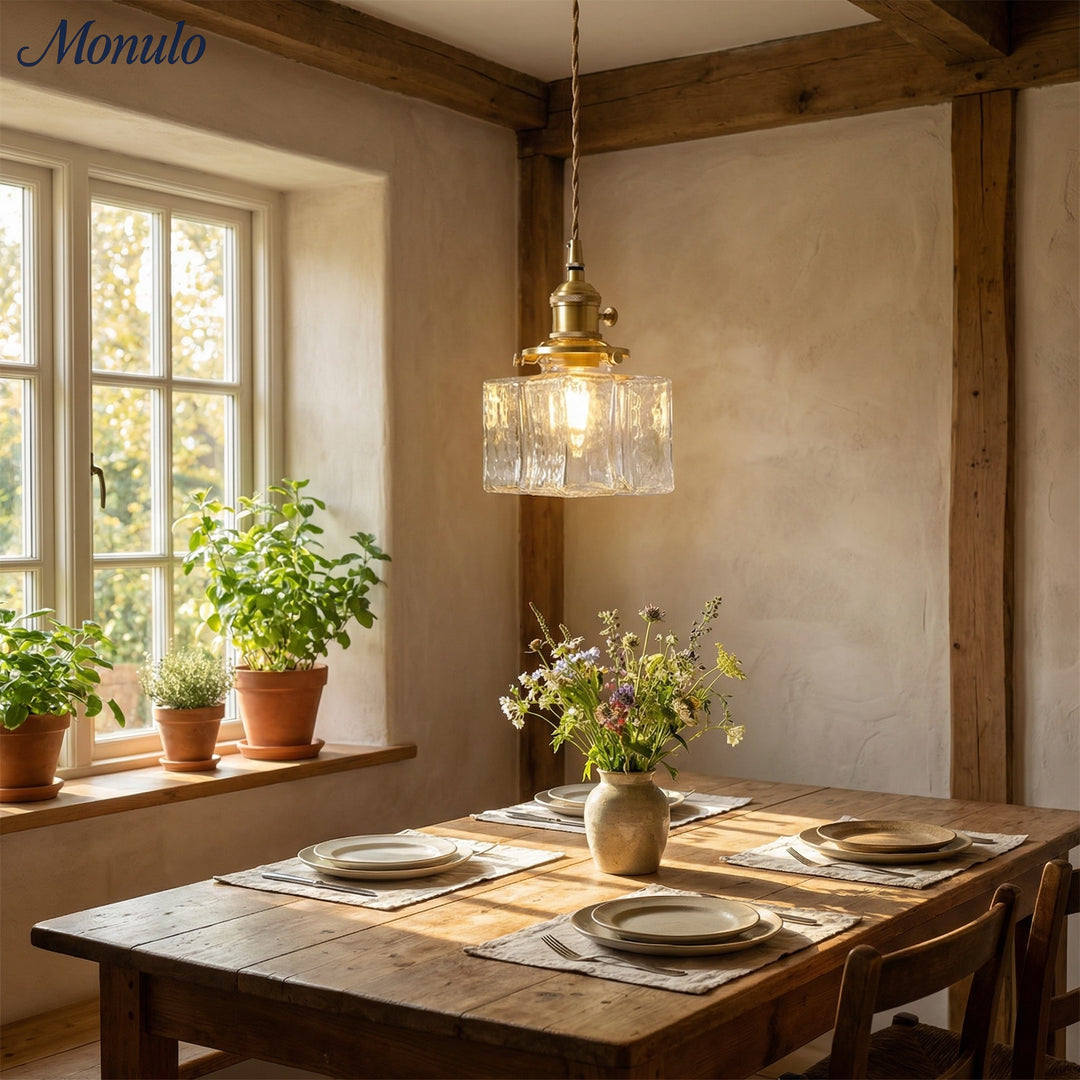 Lámpara colgante tradicional vintage de hierro con una luz, cuadrada, rectangular y ondulada, para sala de estar.