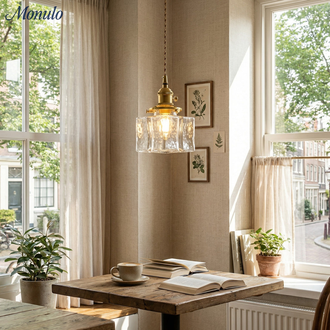 Lámpara colgante tradicional vintage de hierro con una luz, cuadrada, rectangular y ondulada, para sala de estar.