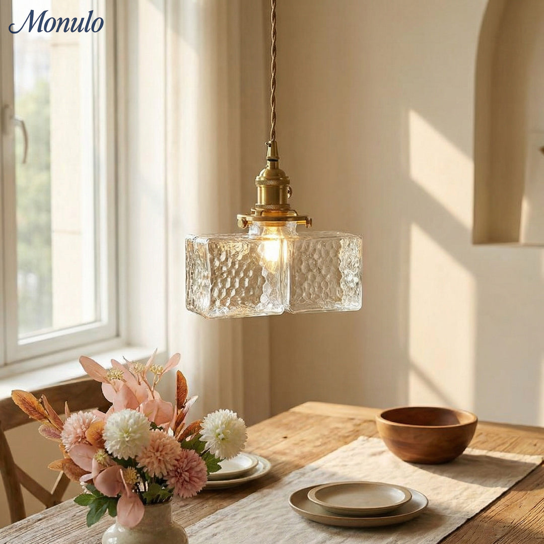 Lámpara colgante tradicional vintage de hierro con una luz, cuadrada, rectangular y ondulada, para sala de estar.