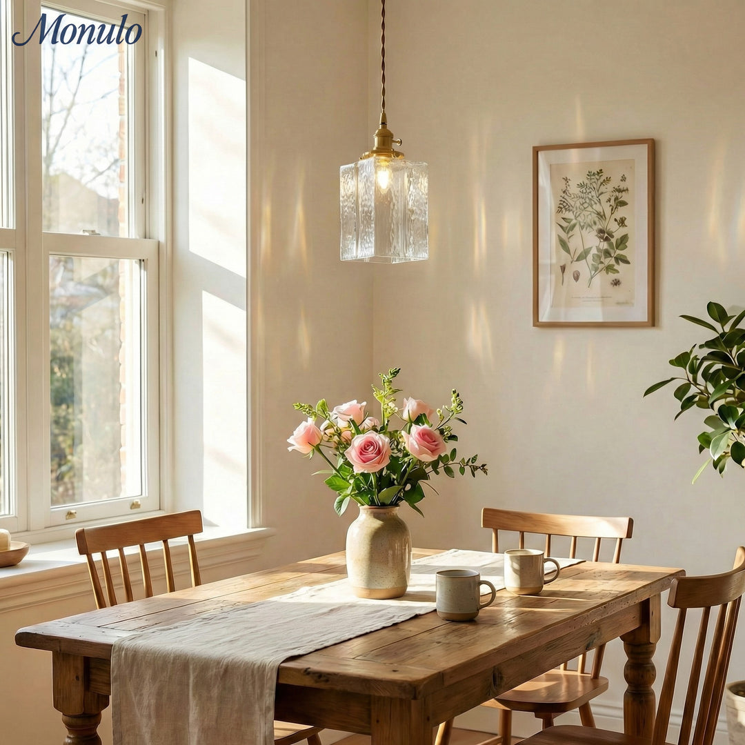 Lámpara colgante tradicional vintage de hierro con una luz, cuadrada, rectangular y ondulada, para sala de estar.