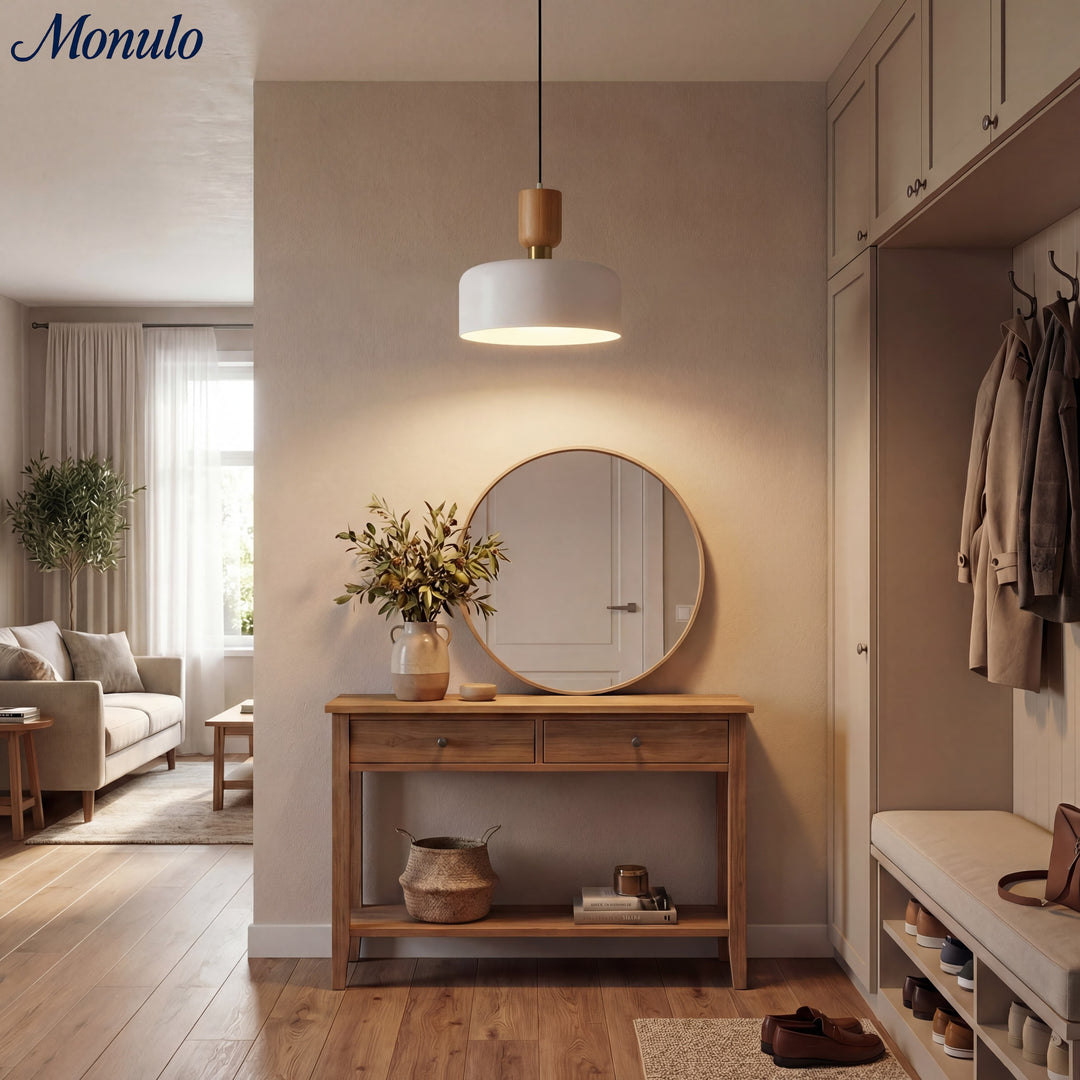 Lámpara colgante moderna minimalista de acabado en madera en capas Oribela para islas y vestíbulos