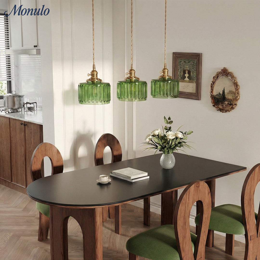 Japanese Vintage Simple Brass Glass Ribbed Cylinder Pendant Light