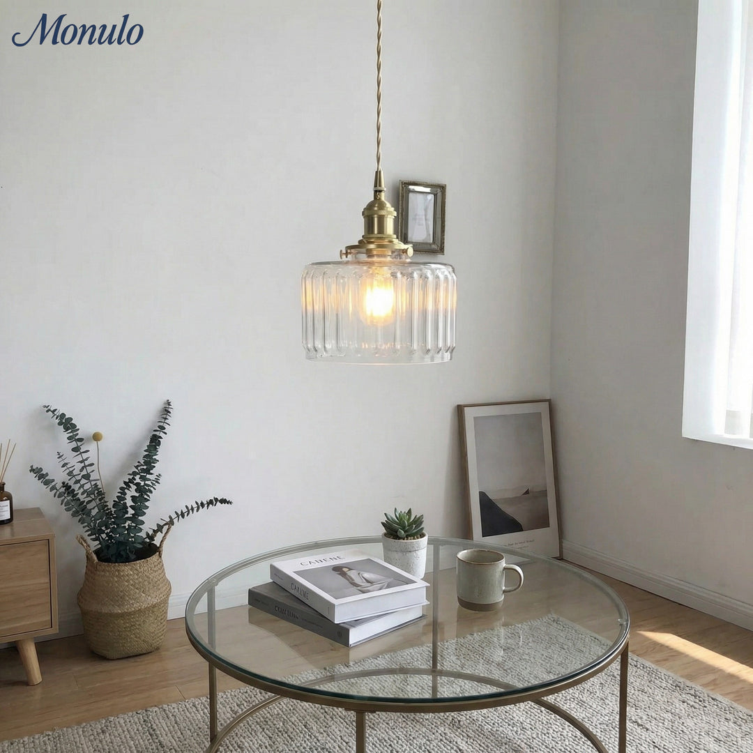 Japanese Vintage Simple Brass Glass Ribbed Cylinder Pendant Light