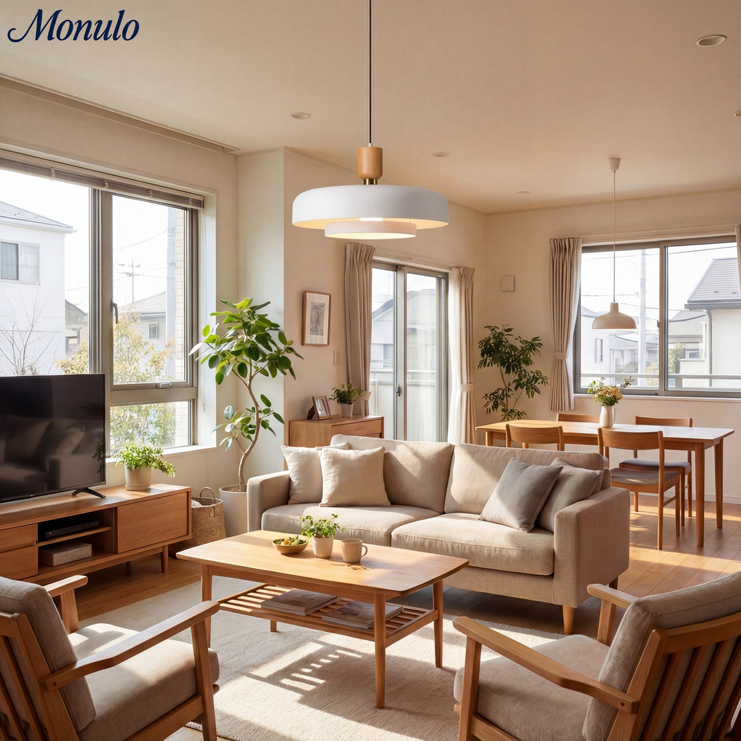 Lámpara colgante moderna minimalista de acabado en madera en capas Oribela para islas y vestíbulos