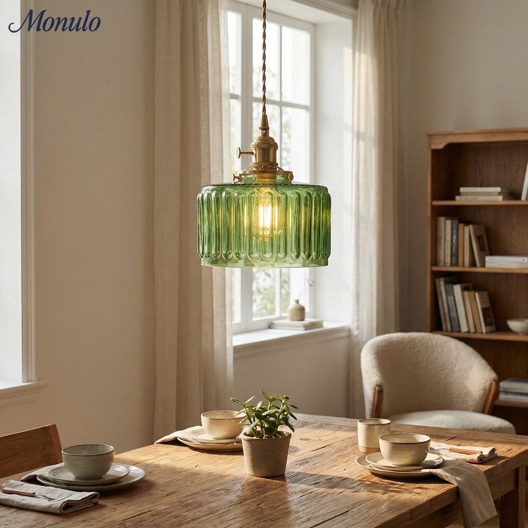 Japanese Vintage Simple Brass Glass Ribbed Cylinder Pendant Light
