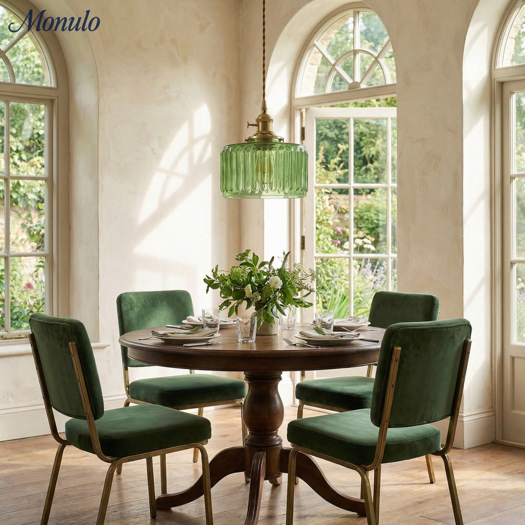 Japanese Vintage Simple Brass Glass Ribbed Cylinder Pendant Light