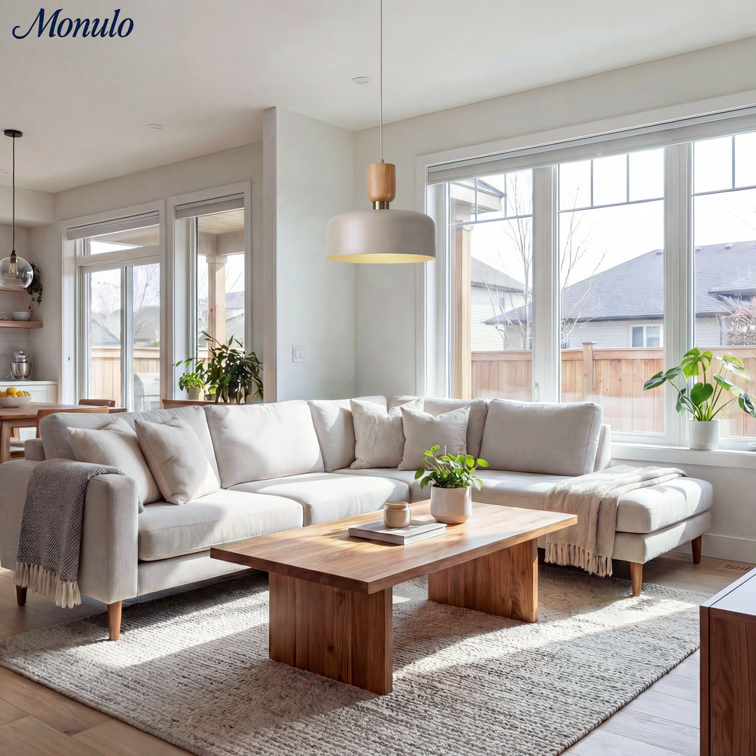 Lámpara colgante moderna minimalista de acabado en madera en capas Oribela para islas y vestíbulos