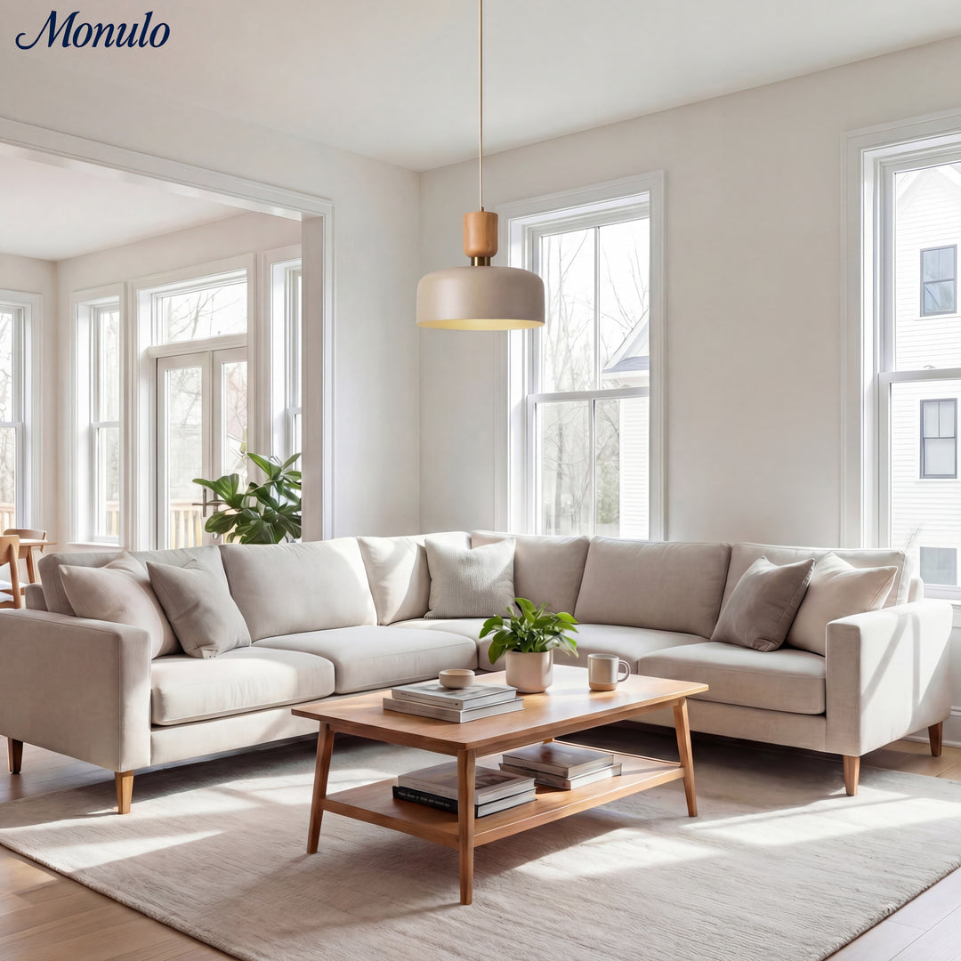 Lámpara colgante moderna minimalista de acabado en madera en capas Oribela para islas y vestíbulos