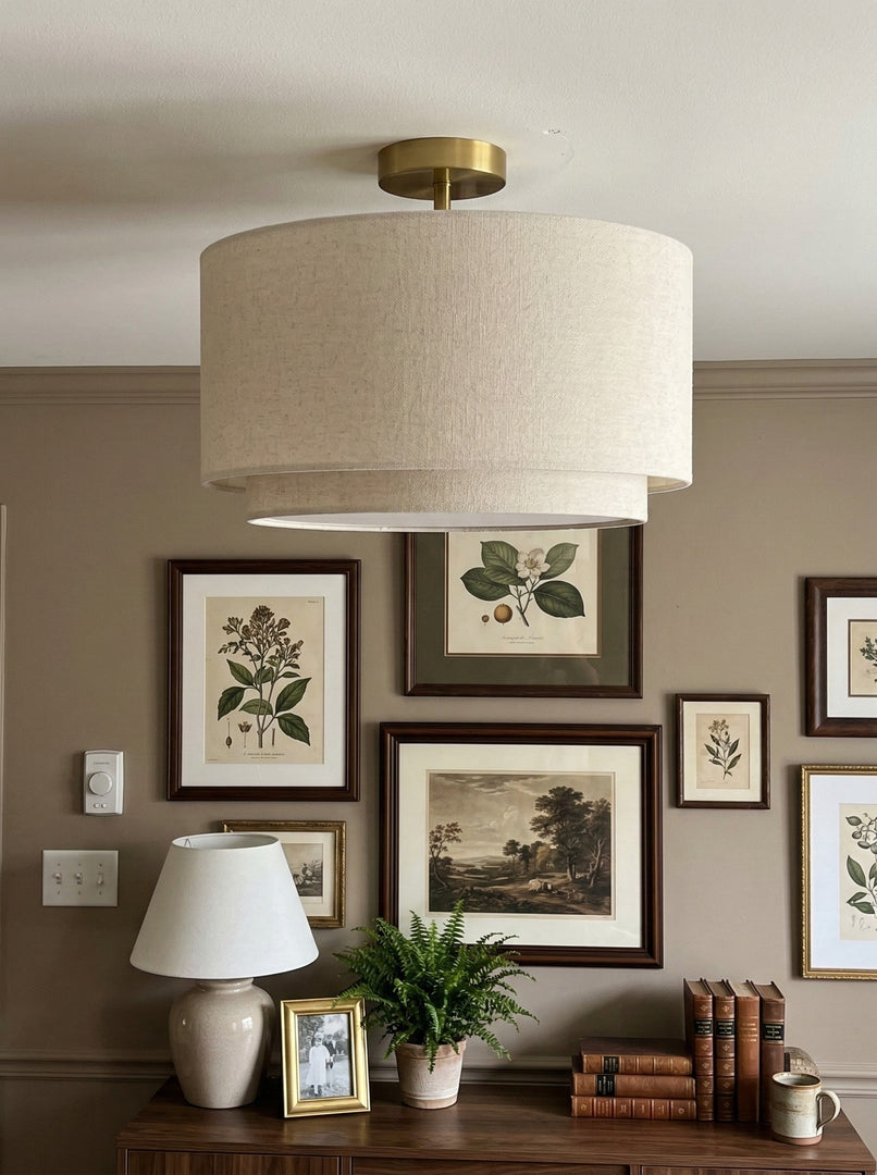 Dumora Double Drum Ceiling Light - Fabric Shade Flush Mount Elegance