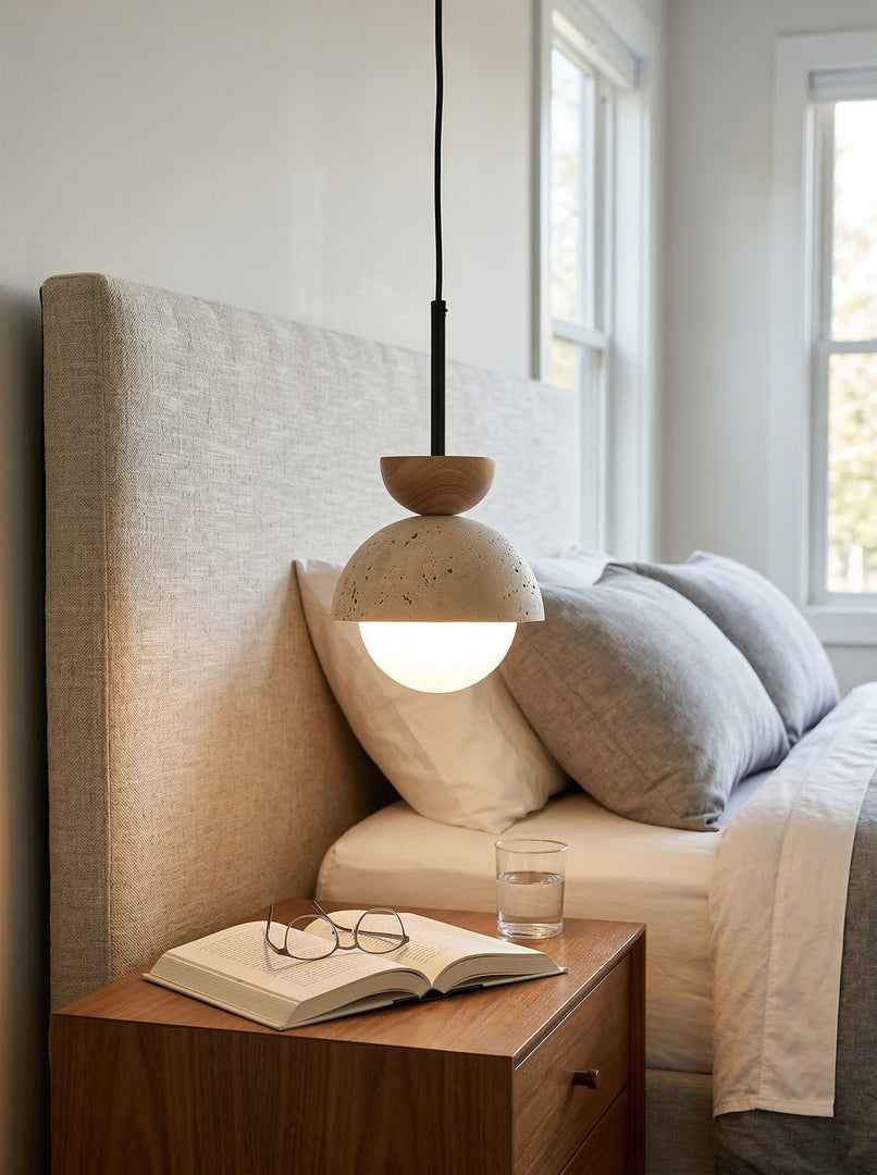 Modern Minimalist Hemisphere Travertine Wood Pendant Lamp