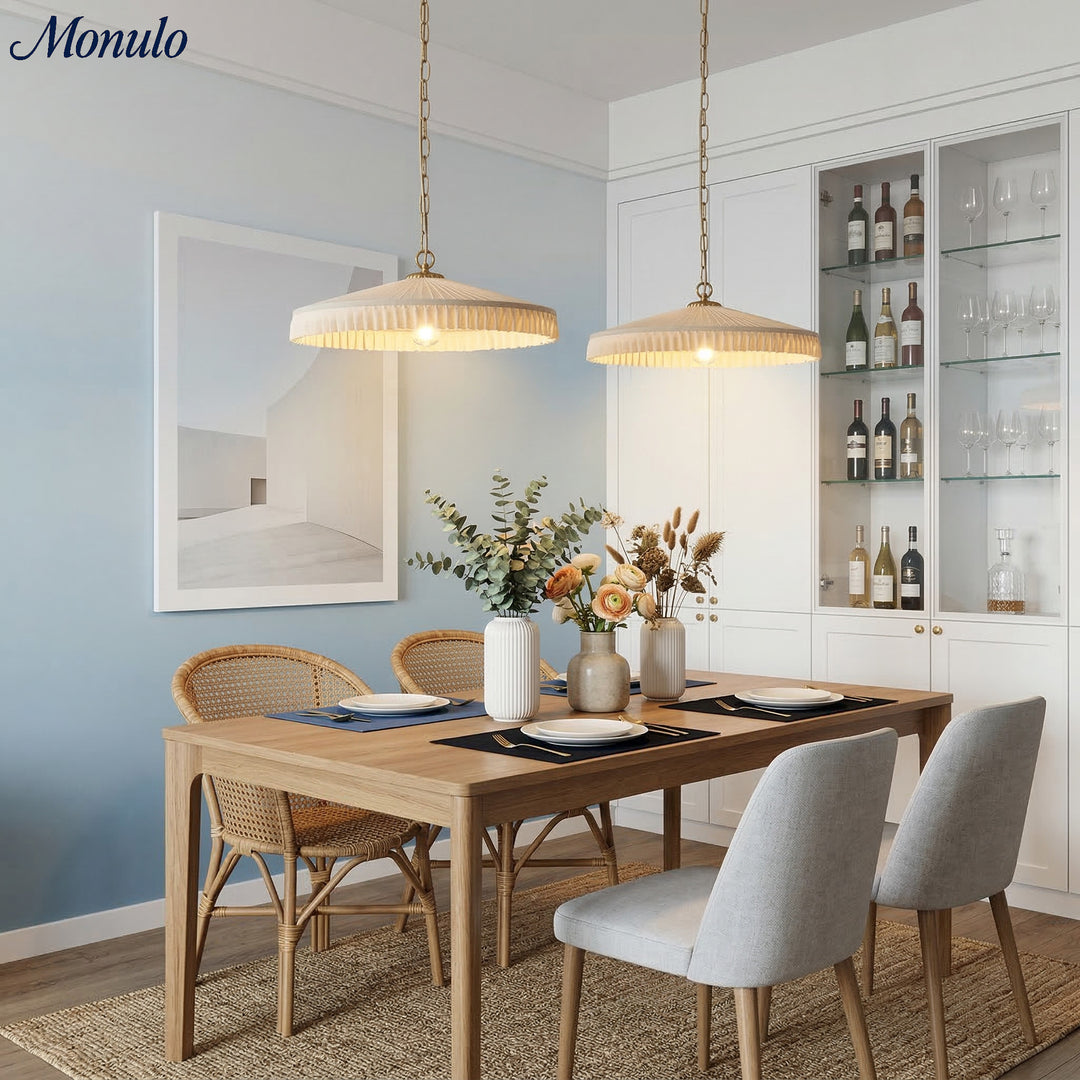 Lámpara colgante Elumina con pantalla de seda plisada elegante – Lámpara colgante de estilo Mid-Century para comedor