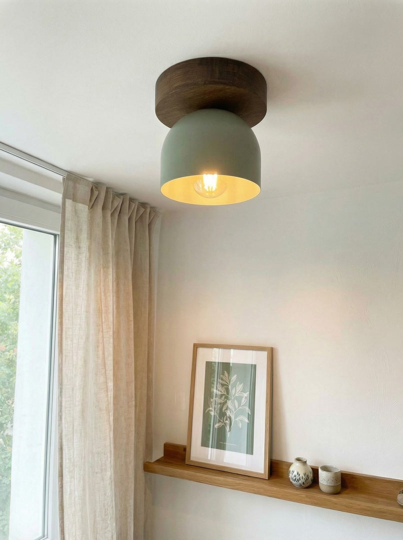 Metio Dome Scandinavian Oak Flush Mount Ceiling Light – Modern Minimalist Design for Living Room & Bedroom