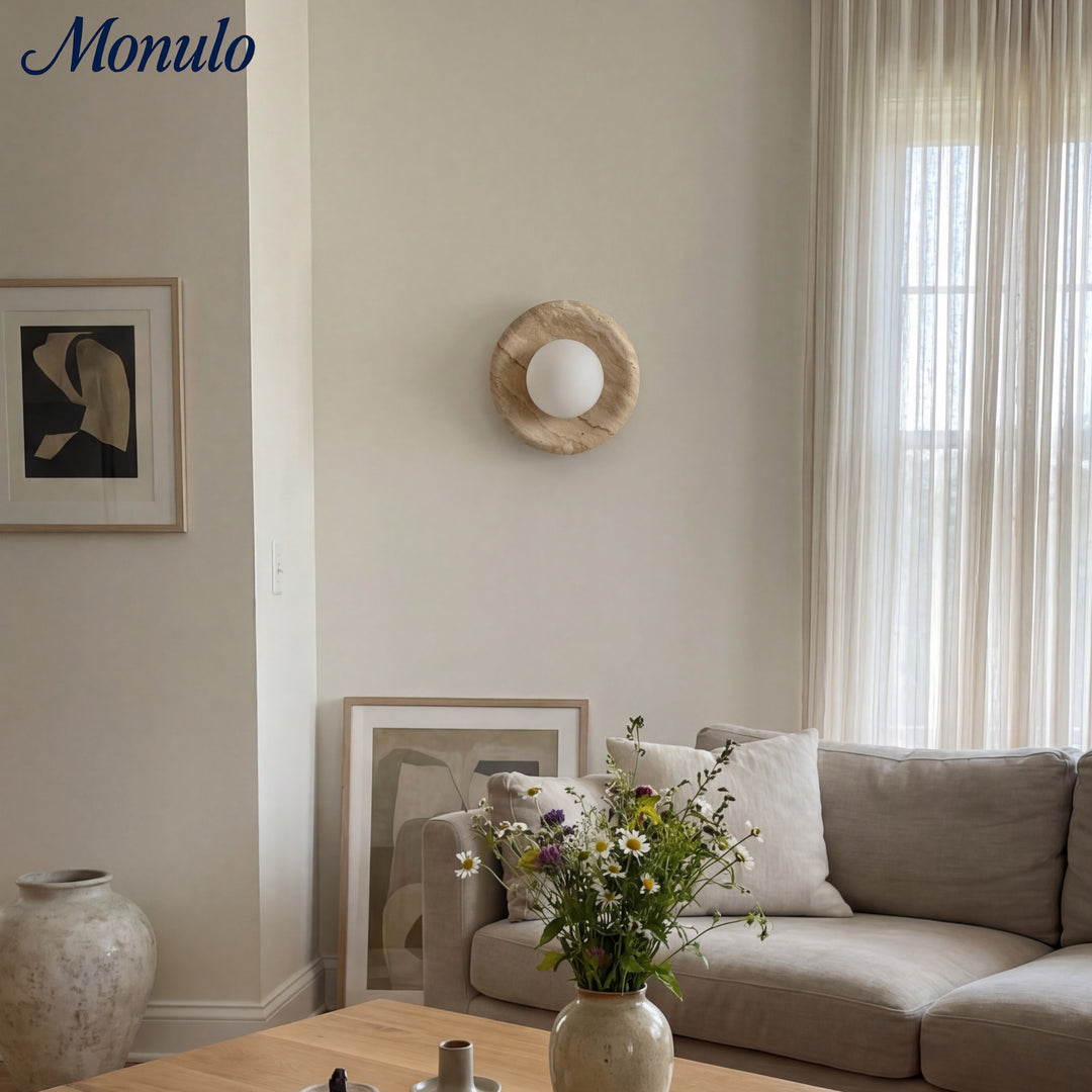 Oria Minimalist Travertine Wall Sconce - Sculptural Ambient Light for Bedroom