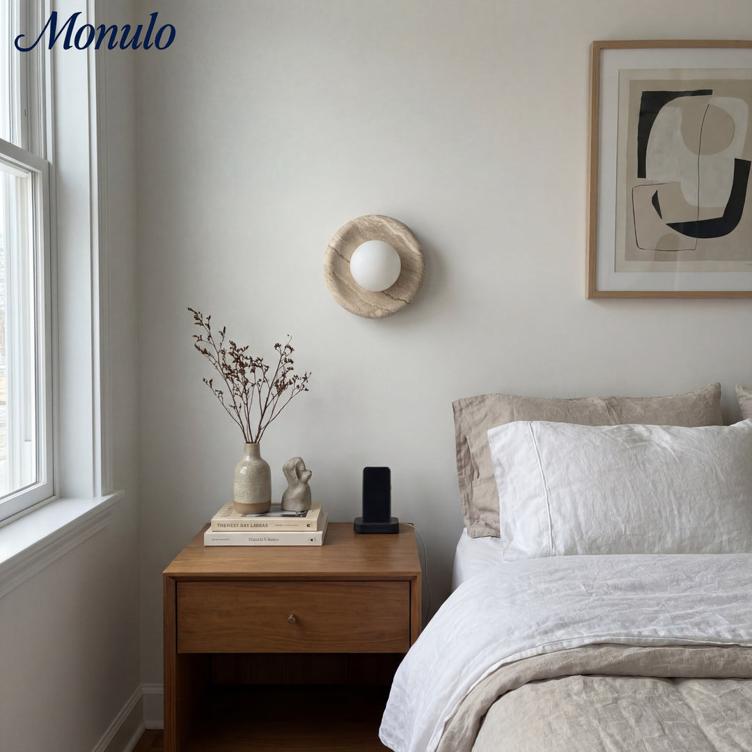 Oria Minimalist Travertine Wall Sconce - Sculptural Ambient Light for Bedroom