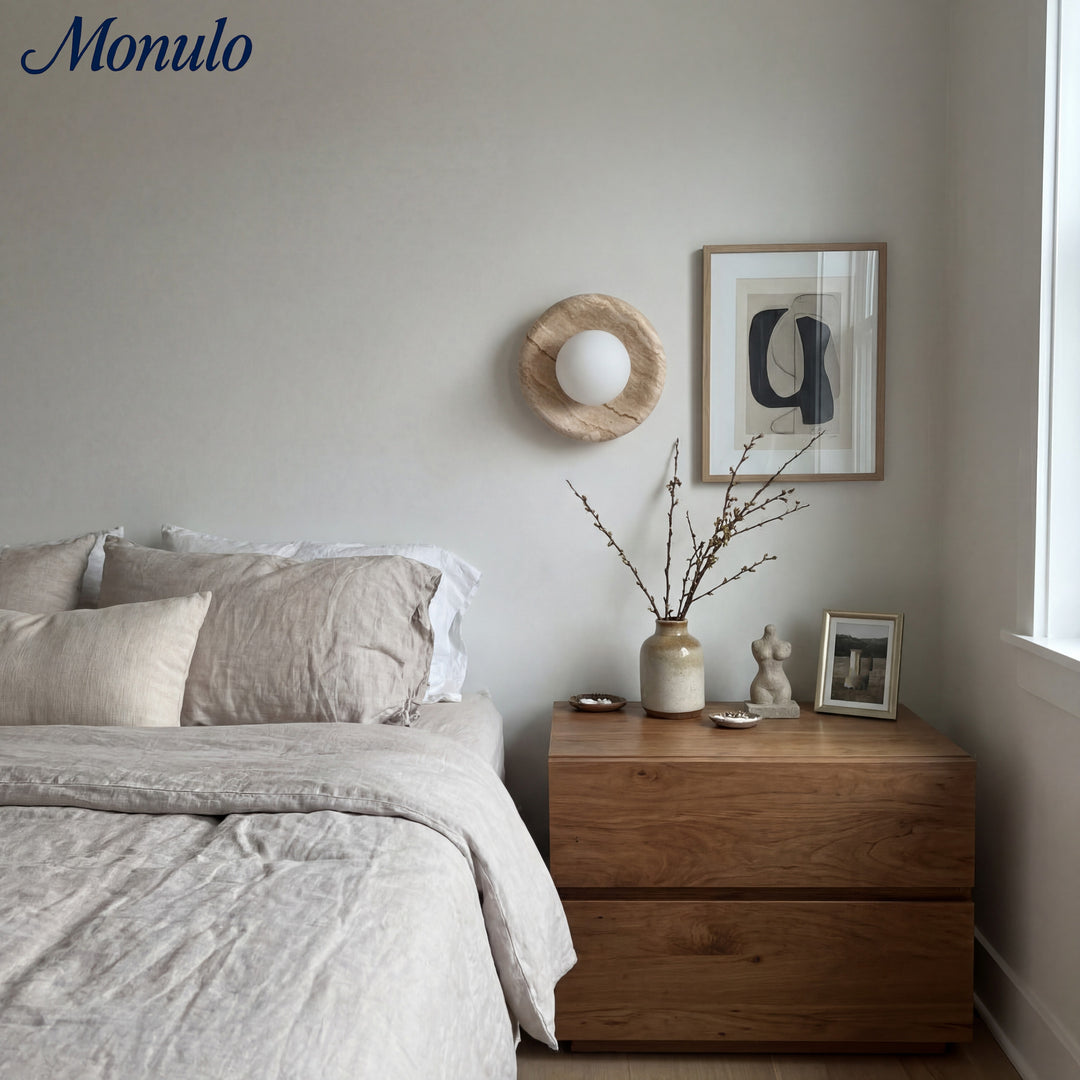Oria Minimalist Travertine Wall Sconce - Sculptural Ambient Light for Bedroom