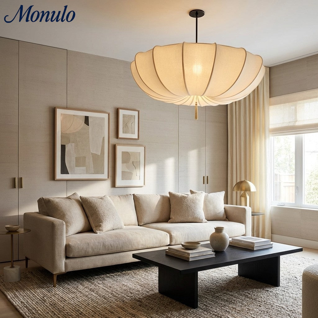 Lustre à cadre rond en fer japonais - Lampe traditionnelle en tissu pour chambre