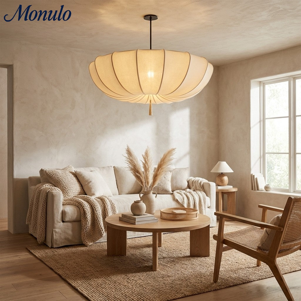 Lustre à cadre rond en fer japonais - Lampe traditionnelle en tissu pour chambre