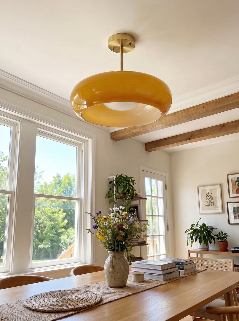 Bauhaus Glass Disc Ceiling Lamp – Retro Brass Flush Mount Fixture