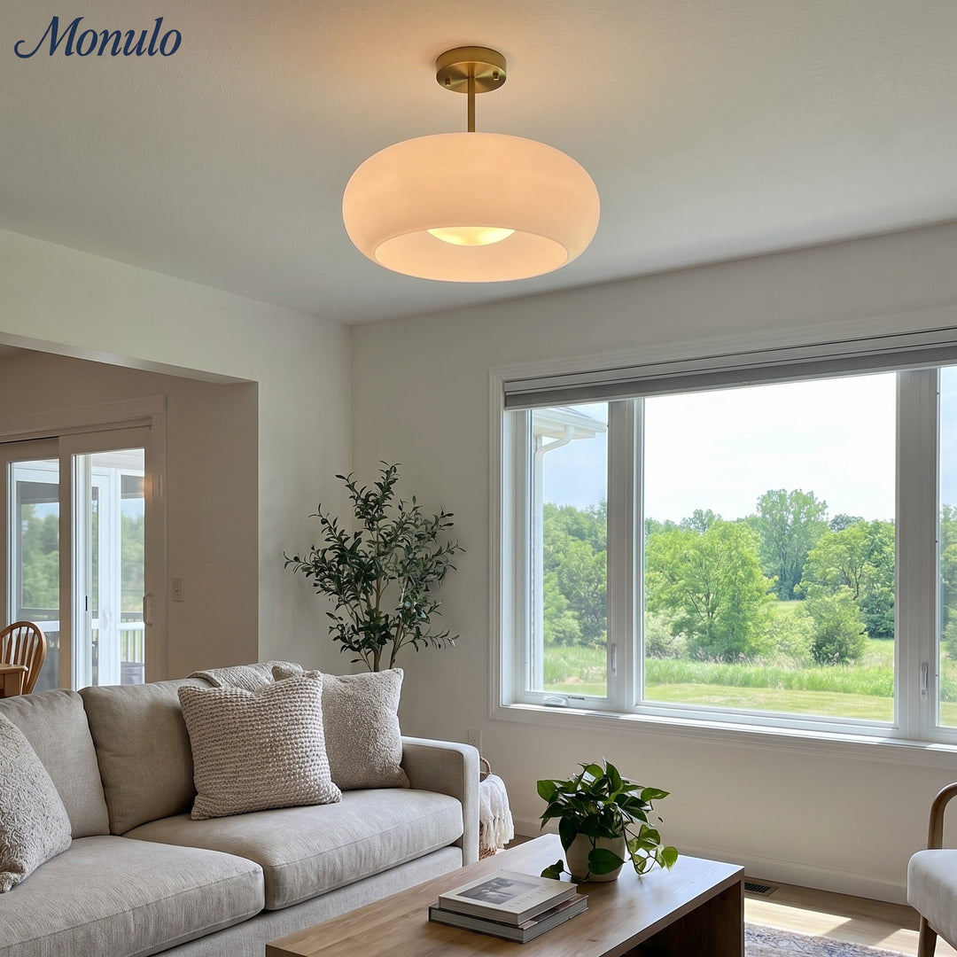 Bauhaus Glass Disc Ceiling Lamp – Retro Brass Flush Mount Fixture