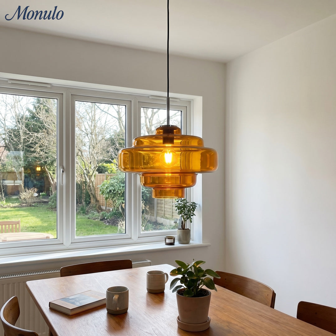 Lámpara colgante Koloro con pantalla de vidrio coloreado: moderna lámpara de suspensión ajustable para interiores.