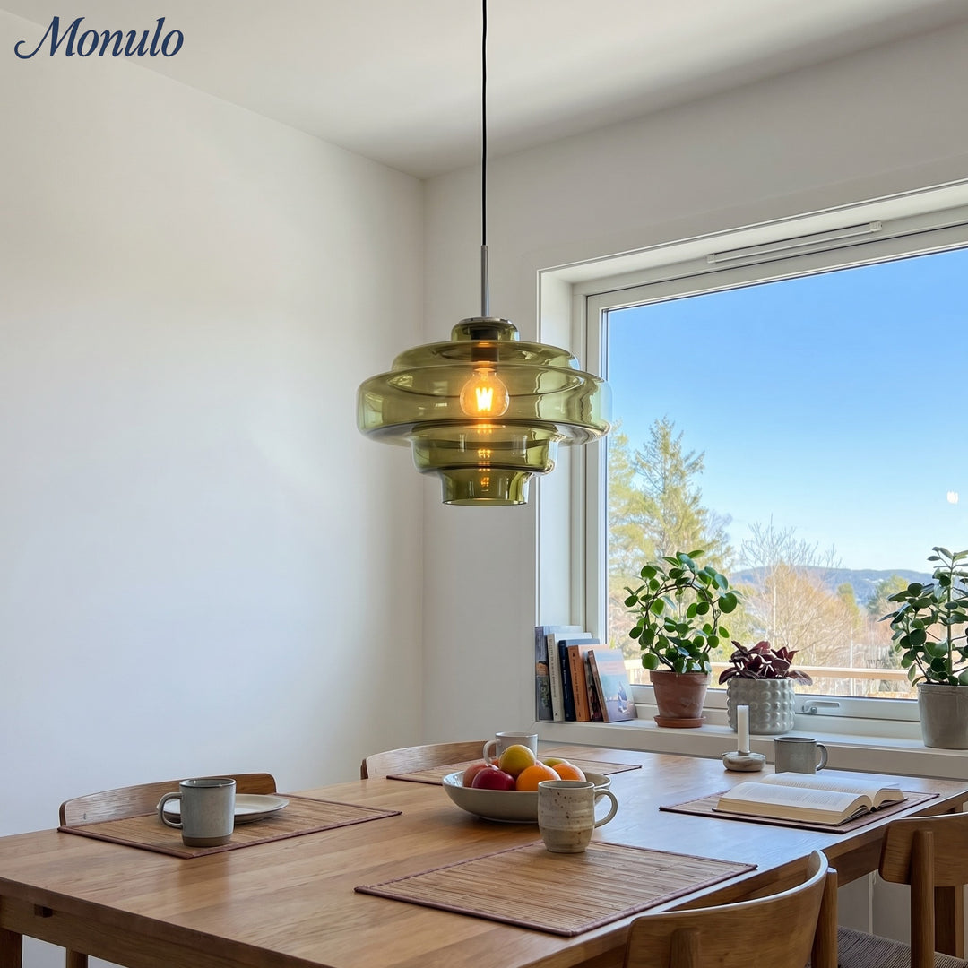 Lámpara colgante Koloro con pantalla de vidrio coloreado: moderna lámpara de suspensión ajustable para interiores.