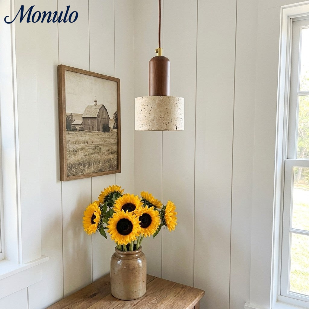 WabiLum Minimalist Travertine Wood Pendant Light - Bedroom Dining Lighting